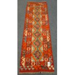 Kilim red ground runner rug, vegetable dye wool,