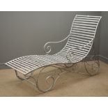 Silver finish metal sun lounger on scrolled supports, H100cm, W60cm,