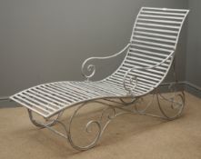 Silver finish metal sun lounger on scrolled supports, H100cm, W60cm,