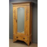 Edwardian satin walnut single wardrobe, projecting cornice, single bevelled mirror glazed door,