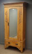Edwardian satin walnut single wardrobe, projecting cornice, single bevelled mirror glazed door,