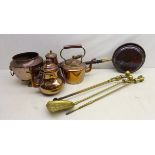 Three piece cast brass companion set with ball and claw finials and a 19th century copper warming