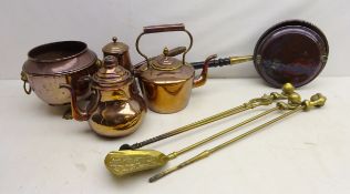 Three piece cast brass companion set with ball and claw finials and a 19th century copper warming
