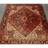 Persian Hamadan rug carpet, red ground, central lozenge with large medallion,