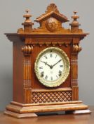 19th century oak architectural cased 'Ansonia Salem' mantel clock, 8-day movement with enamel dial,