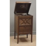 HMV oak cased windup gramophone, hinged lid top, fall front compartment (W45cm, H87cm, D43cm),