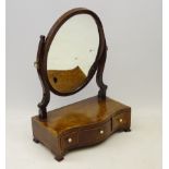 19th century mahogany toilet mirror with cross band inlay on serpentine base with three drawers on