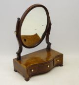 19th century mahogany toilet mirror with cross band inlay on serpentine base with three drawers on