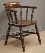 19th century smokers bow captains chair, turned supports and double 'H' stretcher.
