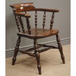 19th century smokers bow captains chair, turned supports and double 'H' stretcher.