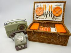 Vintage Bush radio, Vintage dial-up telephone and a wicker picnic hamper with contents,