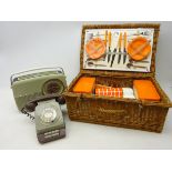 Vintage Bush radio, Vintage dial-up telephone and a wicker picnic hamper with contents,