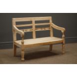 Child's bench, carved and pierced back supports, reeded arm rests, turned and fluted supports,