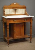 Edwardian marble top washstand, raised tiled back, single drawer, metal towel rail to the side,