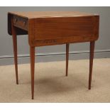 19th century mahogany Pembroke table, amboyna cross banding, square tapering legs, W94cm, H71cm,