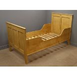 Pine cabin style single bed, raised shaped sides, stile supports, W102cm, H116cm,