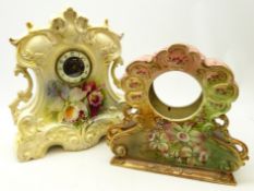 Late Victorian floral decorated ceramic mantle clock, the dial inscribed Glen Clock, H:43cm,