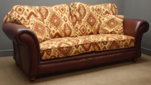 Three seat sofa (W225cm) and matching armchair upholstered in dark maroon leather with red and gold