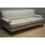 Two seat Neptune 'Empire' sofa, upholstered in grey fabric, scrolled arms, turned supports,