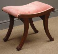 Regency style mahogany dressing table stool, upholstered seat, splayed supports, W55cm, H47cm,