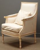 French style light oak armchair, upholstered in light pink fabric, reeded frame,