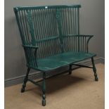 20th century double bow Windsor settee, dark green finish,