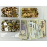 Collection of World coins and banknotes including; Barbados, France, Holland, USA, Great British,