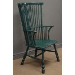 20th century double bow Windsor armchair, dark green finish,