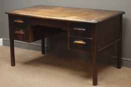 Vintage oak twin pedestal office desk fitted what five drawers, square supports, W137cm, H76cm,