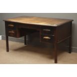 Vintage oak twin pedestal office desk fitted what five drawers, square supports, W137cm, H76cm,