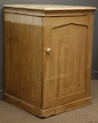 19th century pine cabinet, arched panelled cupboard door enclosing two shelves, plinth base, W74cm,