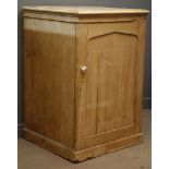 19th century pine cabinet, arched panelled cupboard door enclosing two shelves, plinth base, W74cm,