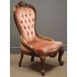 Victorian style walnut framed nursing chair, upholstered in pink velvet,