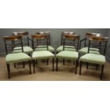 Set eight (6+2) Georgian style walnut dining chairs, satinwood banded top rail,