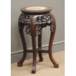 Late 19th century Oriental hardwood jardiniere, marble insert to circular top,