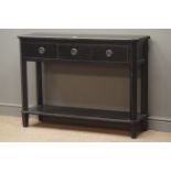 Laura Ashley Henshaw black console table, three drawers, square supports joined by an undertier,