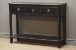 Laura Ashley Henshaw black console table, three drawers, square supports joined by an undertier,