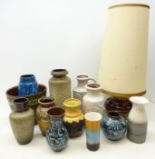 Collection of West German pottery including, vases, lava glaze vase, table lamp,