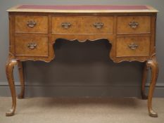 Queen Anne style walnut burr writing desk, red leather inset top, serpentine front,