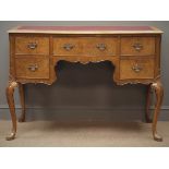 Queen Anne style walnut burr writing desk, red leather inset top, serpentine front,