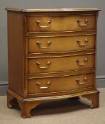 Reproduction mahogany chest, serpentine front, four drawers, bracket supports, W63cm, H78cm,