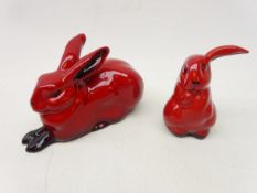 Two Royal Doulton flambe figures of a reclining hare L11cm and a seated rabbit (2)