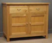 Oak side cabinet, two drawers above two panelled doors enclosing shelves, stile supports, W100cm,