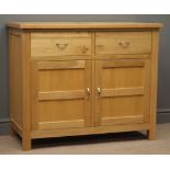 Oak side cabinet, two drawers above two panelled doors enclosing shelves, stile supports, W100cm,