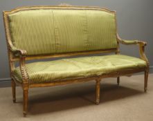 19th century gilt framed three seat sofa, floral carved cresting rail, scrolled arm rest,