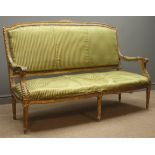 19th century gilt framed three seat sofa, floral carved cresting rail, scrolled arm rest,