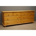 Polished pine chest fitted with eight drawers, W160cm, H65cm,