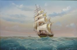 Clipper at Sea, 20th century oil on canvas signed Baill 50cm x 75cm (3)