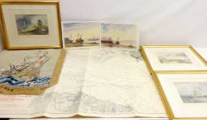 Beached Boats, two watercolours signed by David Short, three colour prints after J.M.