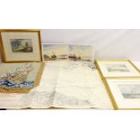 Beached Boats, two watercolours signed by David Short, three colour prints after J.M.